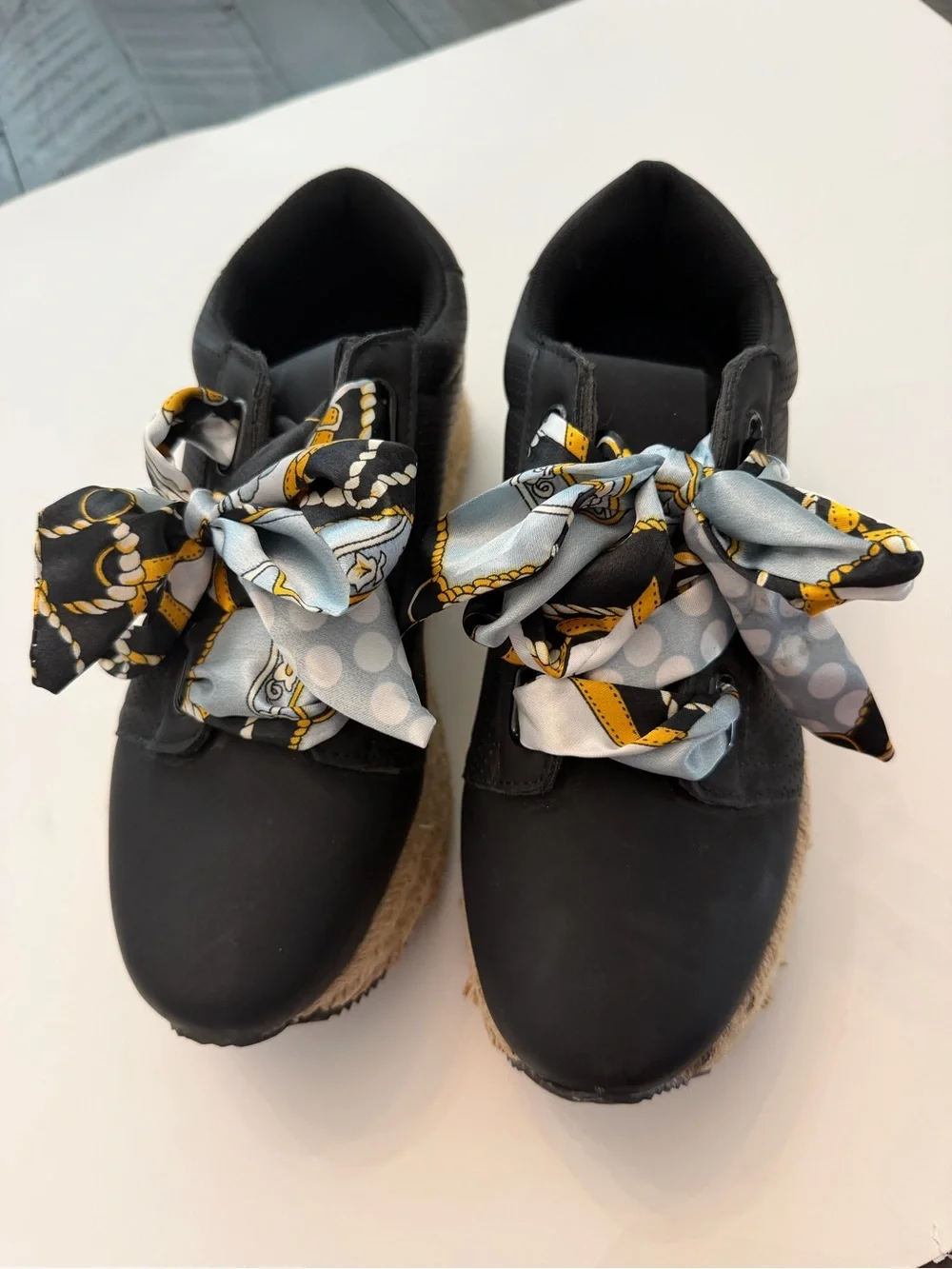 Menina Black Platform Espadrille Sneakers with Patterned Scarf Laces